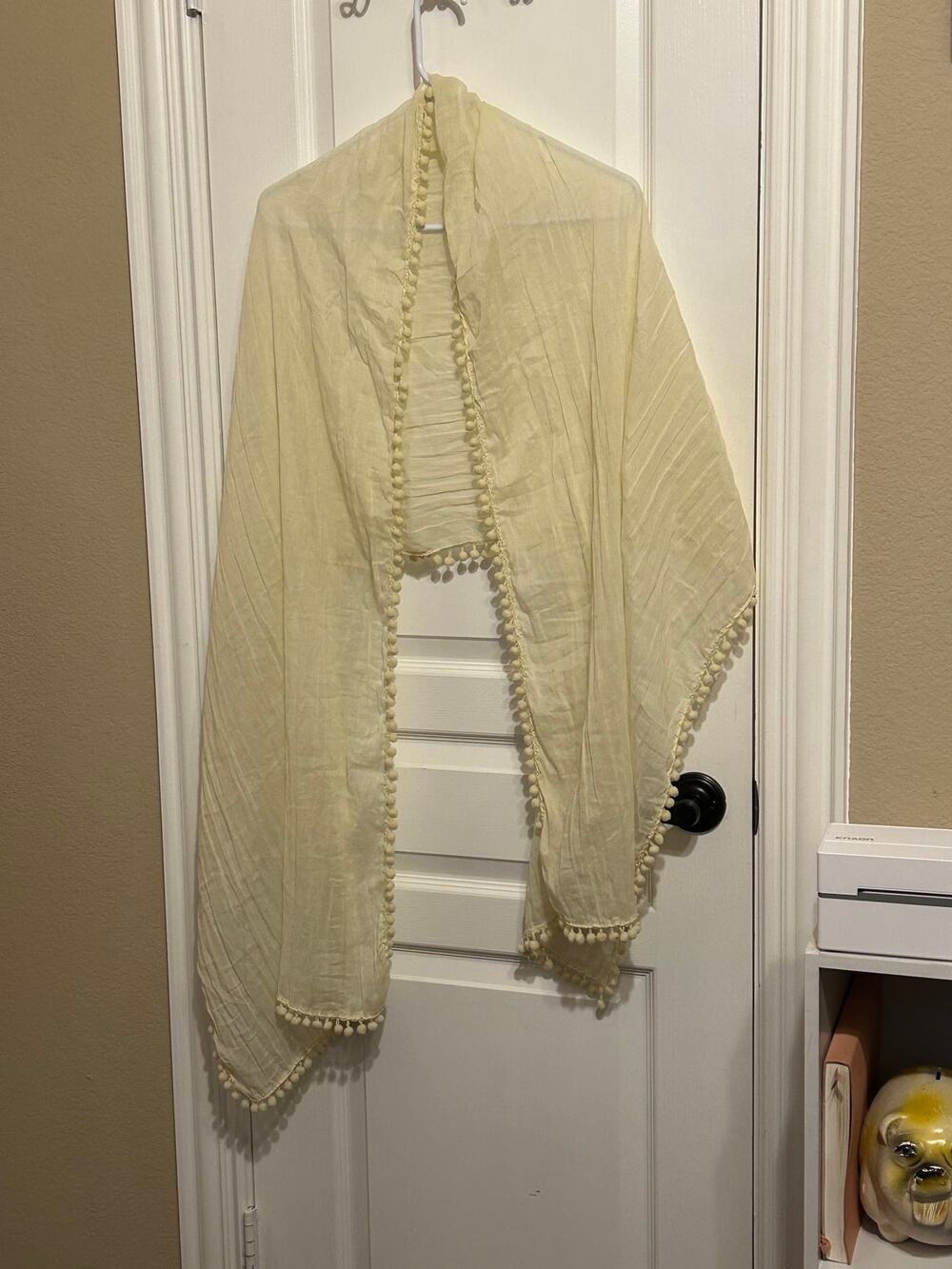 Ivory Cream Lightweight Scarf Wrap w/Pom Pom Trim Boho Chic